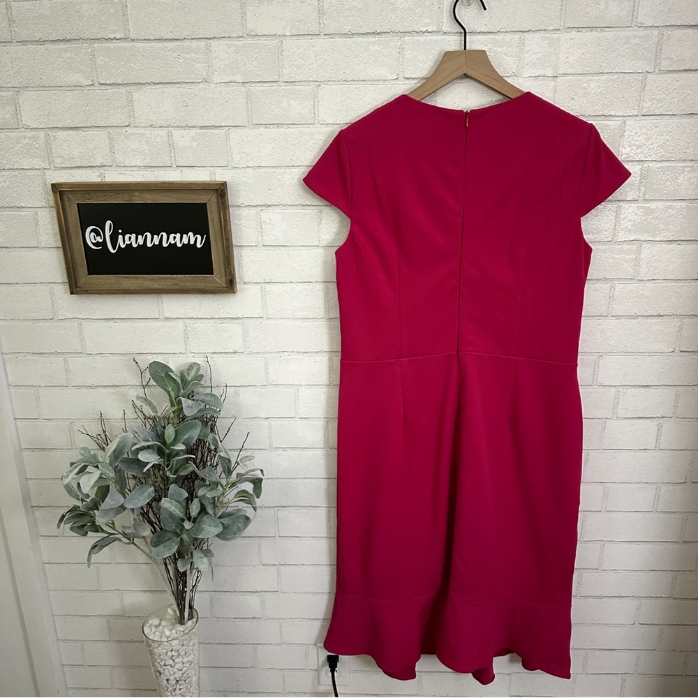 LONDON TIMES Pink Faux Wrap Ruffle Cap Sleeve Dress - Picture 7 of 11